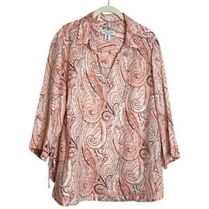 Rachel Zoe 100% Linen Blouse Paisley White Coral Side Tie Size 1X